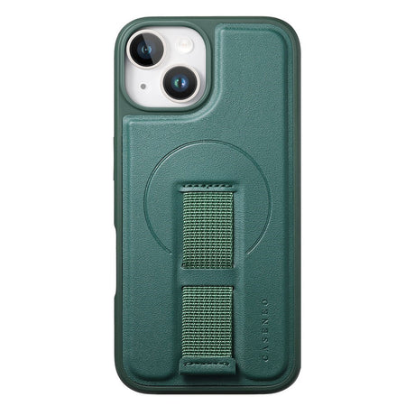 iPhone 15 Hard Plastic Case with Faux Leather Back & Finger Strap - MagSafe Compatible - Green