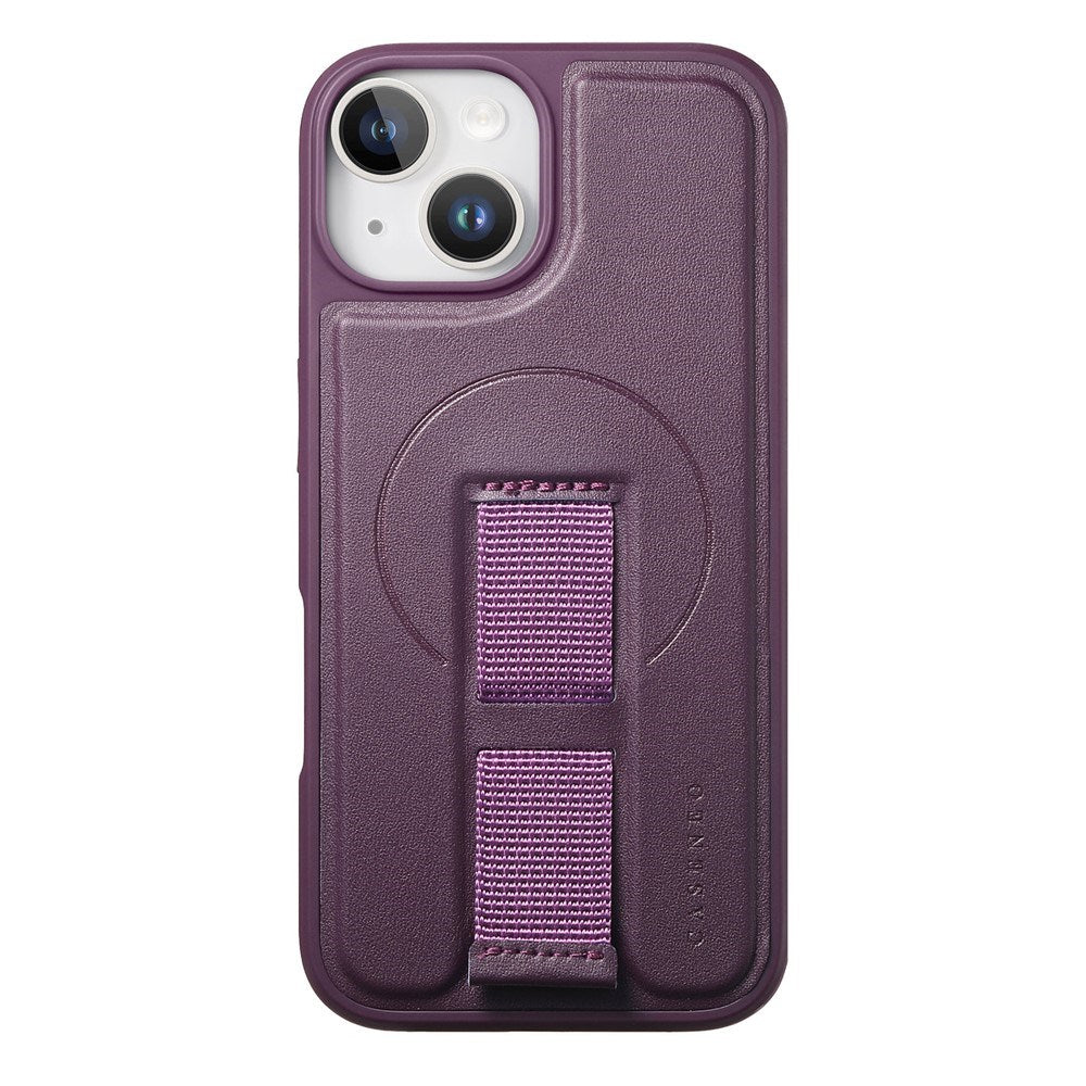iPhone 15 Hard Plastic Case with Faux Leather Back & Finger Strap - MagSafe Compatible - Purple
