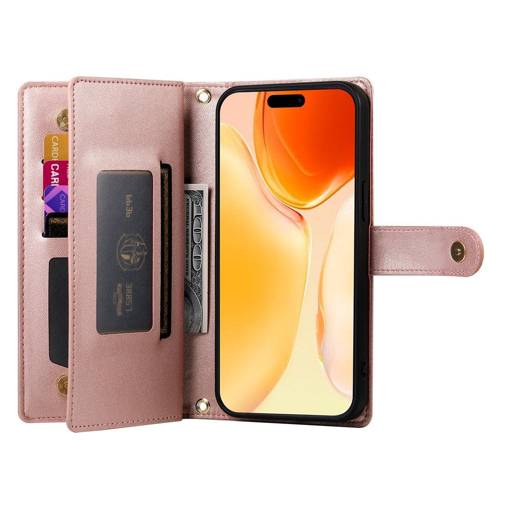 EIDERWOOD iPhone 17 Flip Case with Card Holder / Zipper Pocket / Strap - Rose Gold