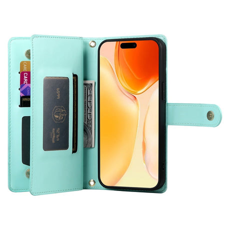 EIDERWOOD iPhone 17 Flip Case with Card Holder / Zipper Pocket / Strap - Turquoise