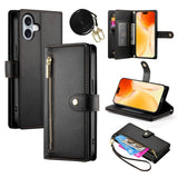 EIDERWOOD iPhone 17 Flip Case with Card Holder / Zipper Pocket / Strap - Black