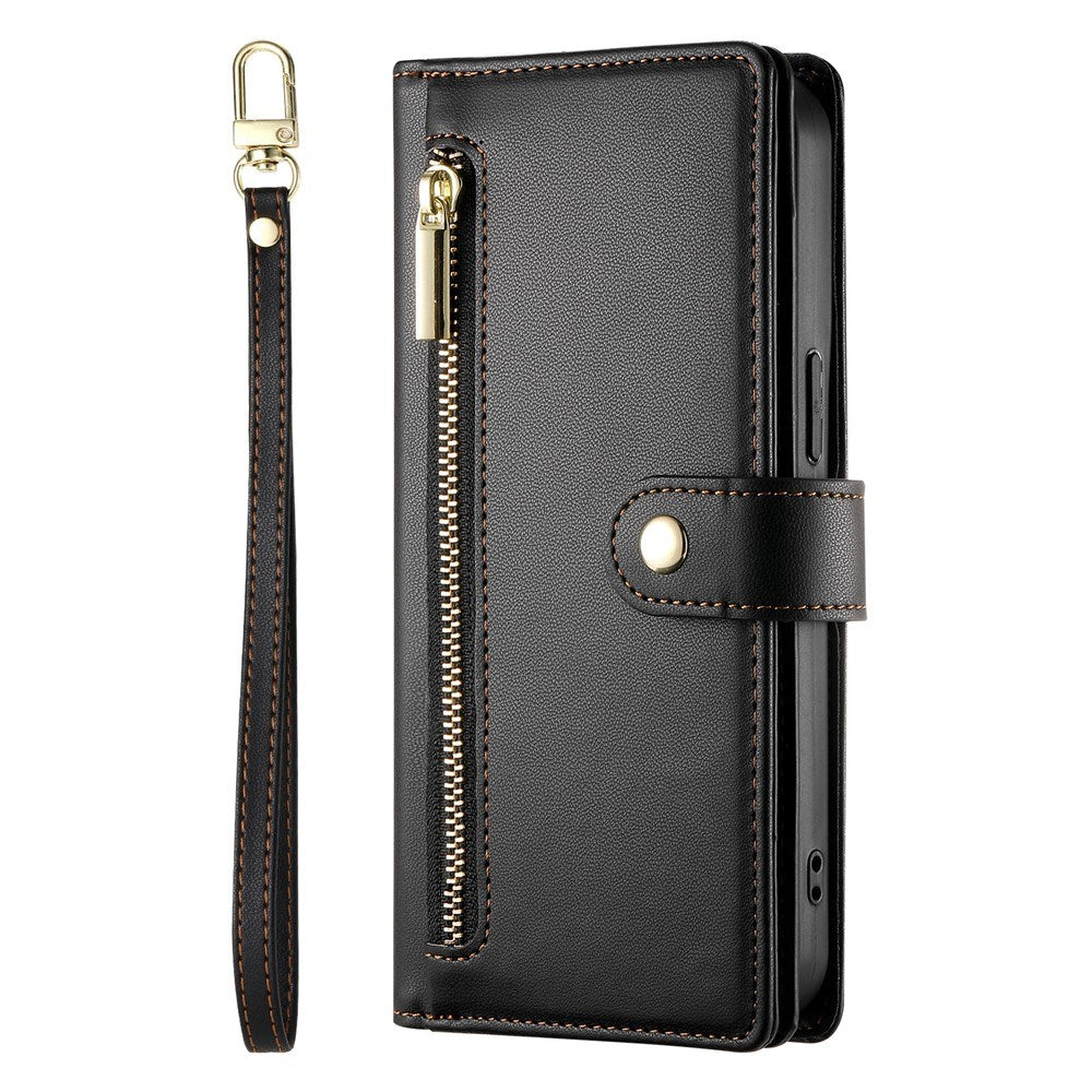 EIDERWOOD iPhone 17 Flip Case with Card Holder / Zipper Pocket / Strap - Black
