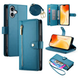 EIDERWOOD iPhone 17 Flip Case with Card Holder / Zipper Pocket / Strap - Blue