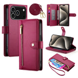 EIDERWOOD iPhone 17 Pro Flip Case with Card Holder / Zipper Pocket / Strap - Red