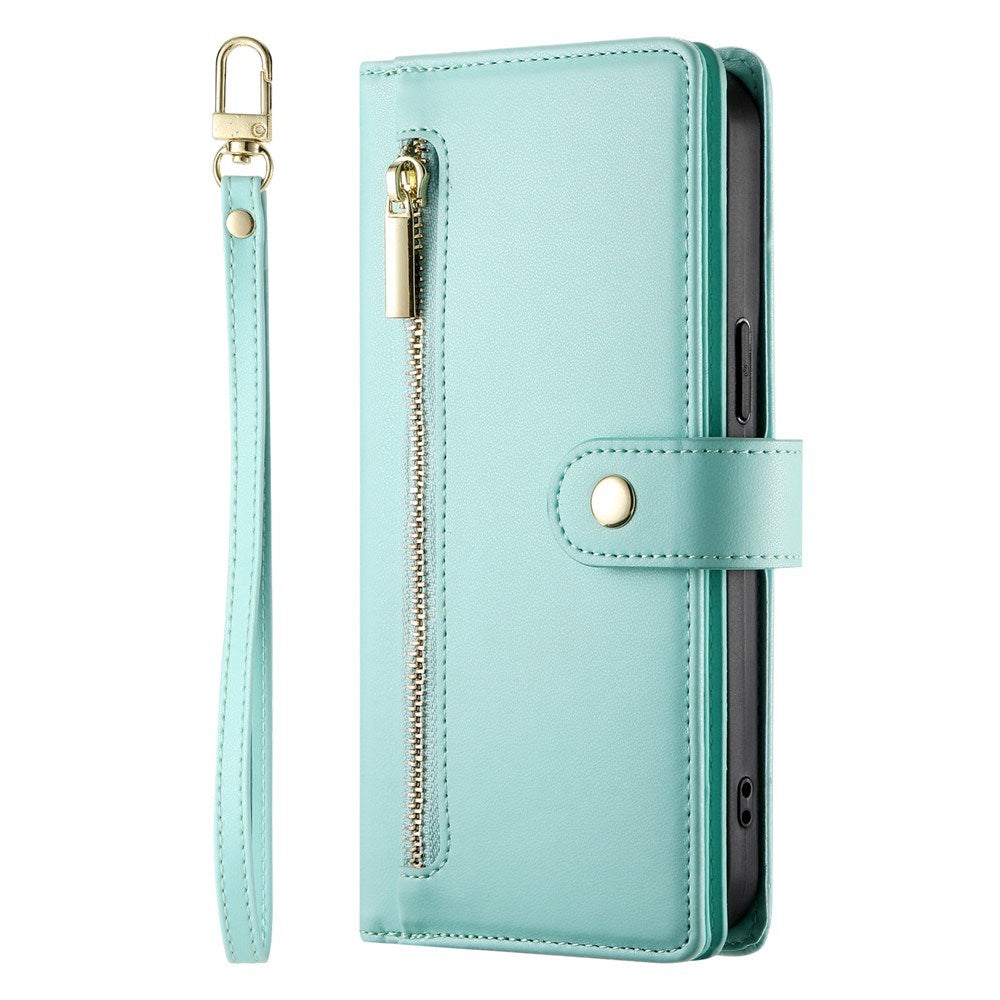 EIDERWOOD iPhone 17 Pro Flip Case with Card Holder / Zipper Pocket / Strap - Turquoise
