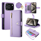 EIDERWOOD iPhone 17 Pro Flip Case with Card Holder / Zipper Pocket / Strap - Purple