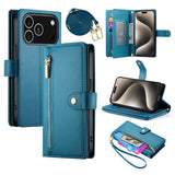 EIDERWOOD iPhone 17 Pro Flip Case with Card Holder / Zipper Pocket / Strap - Blue