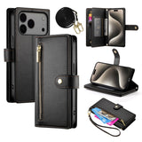 EIDERWOOD iPhone 17 Pro Max Flip Case with Card Holder / Zipper Pocket / Strap - Black