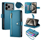 EIDERWOOD iPhone 17 Pro Max Flip Case with Card Holder / Zipper Pocket / Strap - Blue