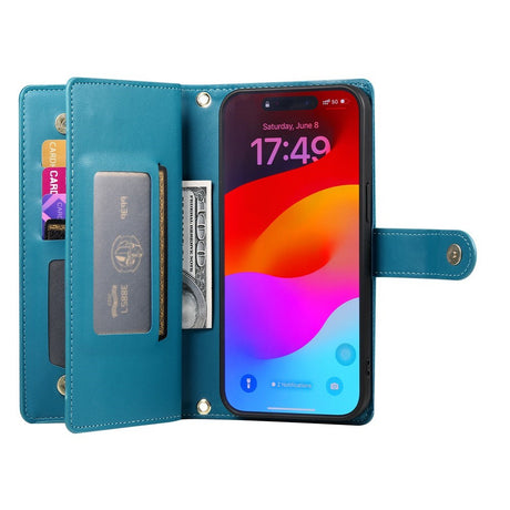 EIDERWOOD iPhone 17 Pro Max Flip Case with Card Holder / Zipper Pocket / Strap - Blue