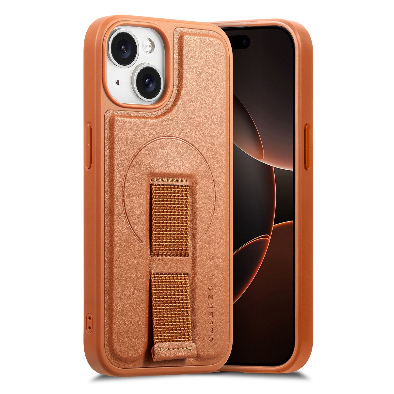 iPhone 14 / 13 Hard Plastic Case with Faux Leather Back & Finger Strap - MagSafe Compatible - Brown