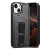 iPhone 14 / 13 Hard Plastic Case with Faux Leather Back & Finger Strap - MagSafe Compatible - Black