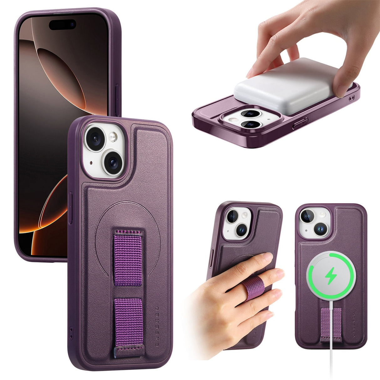 iPhone 14 / 13 Hard Plastic Case with Faux Leather Back & Finger Strap - MagSafe Compatible - Purple