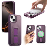 iPhone 14 / 13 Hard Plastic Case with Faux Leather Back & Finger Strap - MagSafe Compatible - Purple