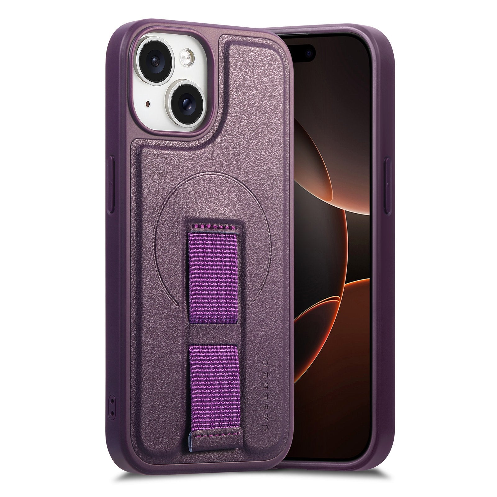 iPhone 14 / 13 Hard Plastic Case with Faux Leather Back & Finger Strap - MagSafe Compatible - Purple