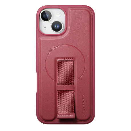 iPhone 14 / 13 Hard Plastic Case with Faux Leather Back & Finger Strap - MagSafe Compatible - Red