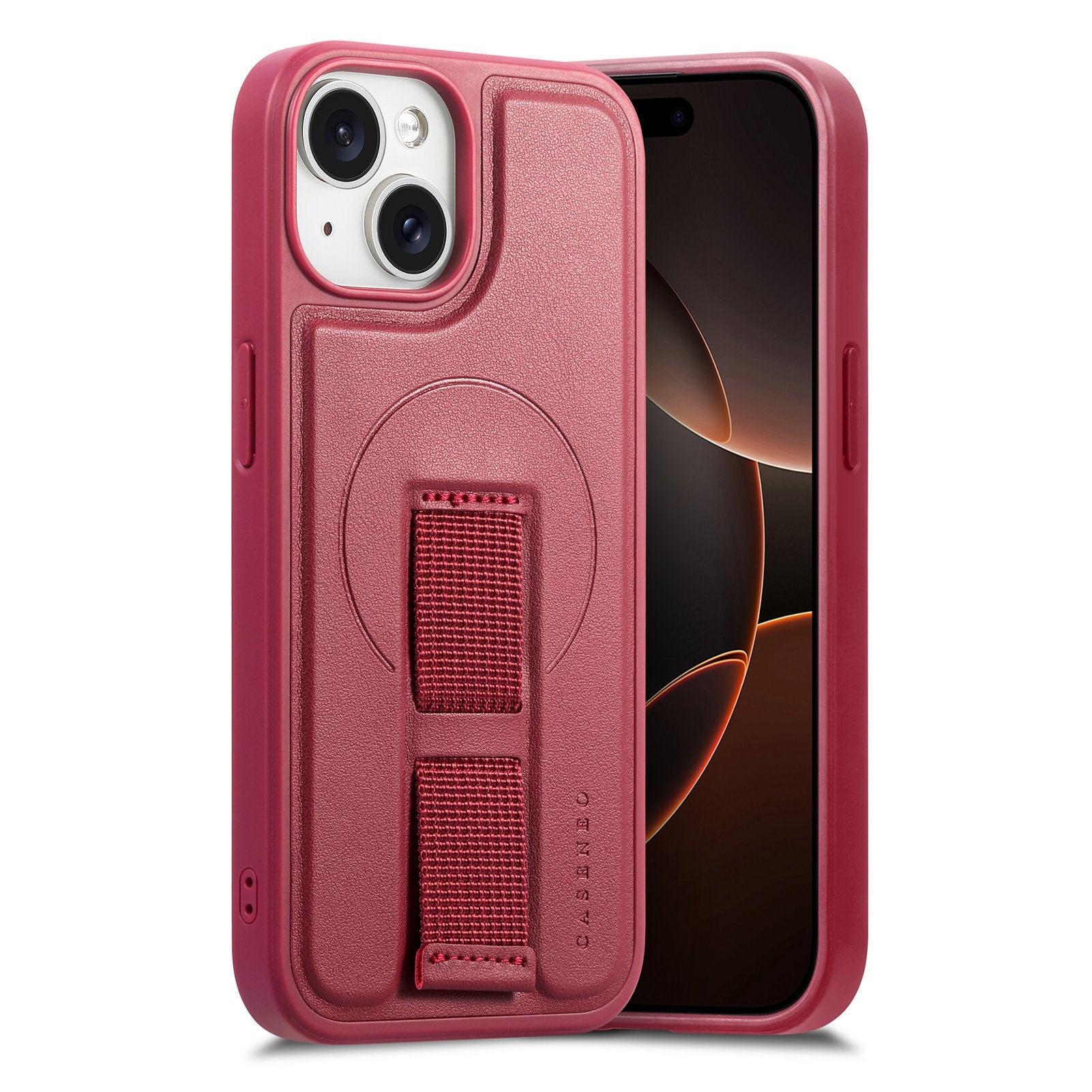 iPhone 14 / 13 Hard Plastic Case with Faux Leather Back & Finger Strap - MagSafe Compatible - Red