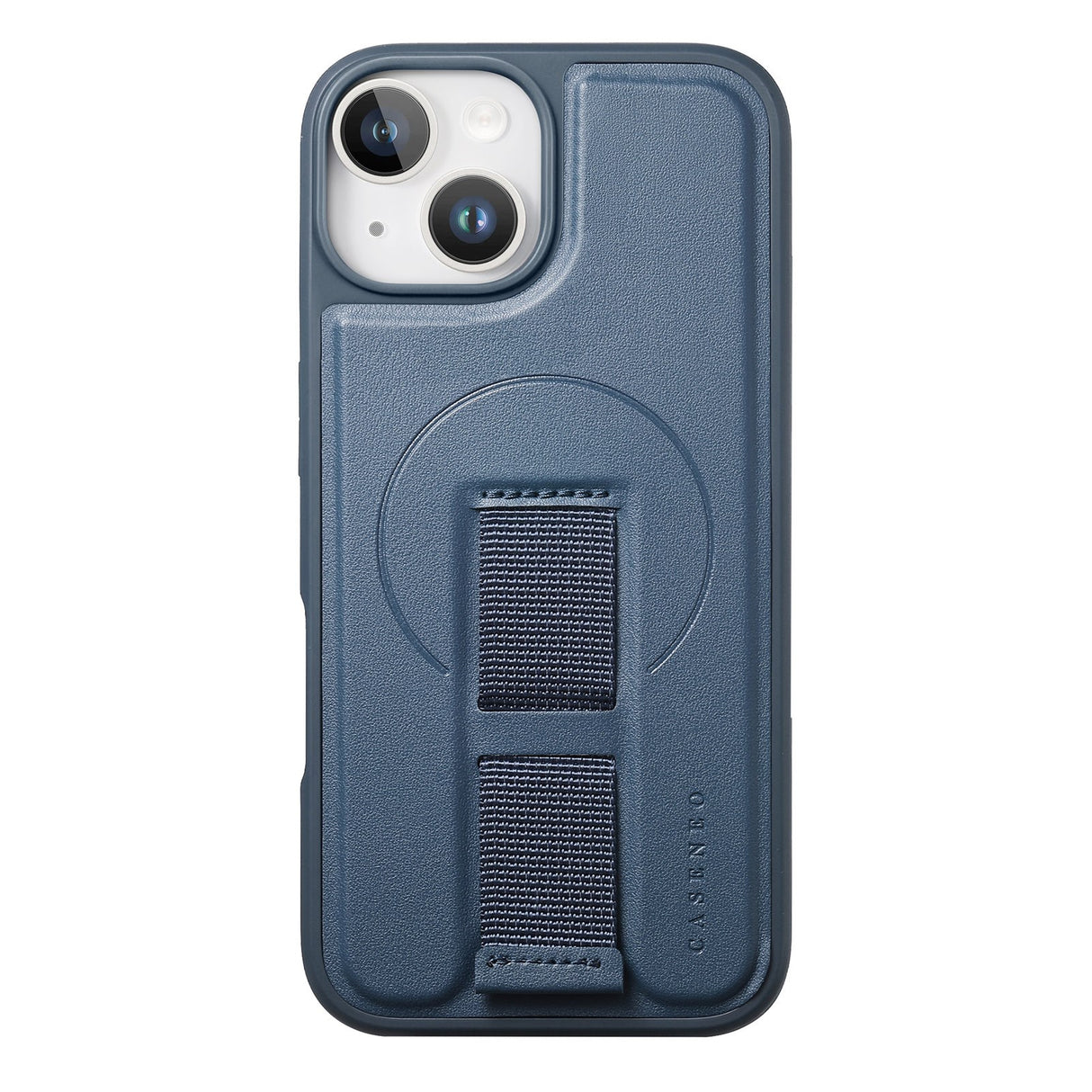 iPhone 14 / 13 Hard Plastic Case with Faux Leather Back & Finger Strap - MagSafe Compatible - Blue