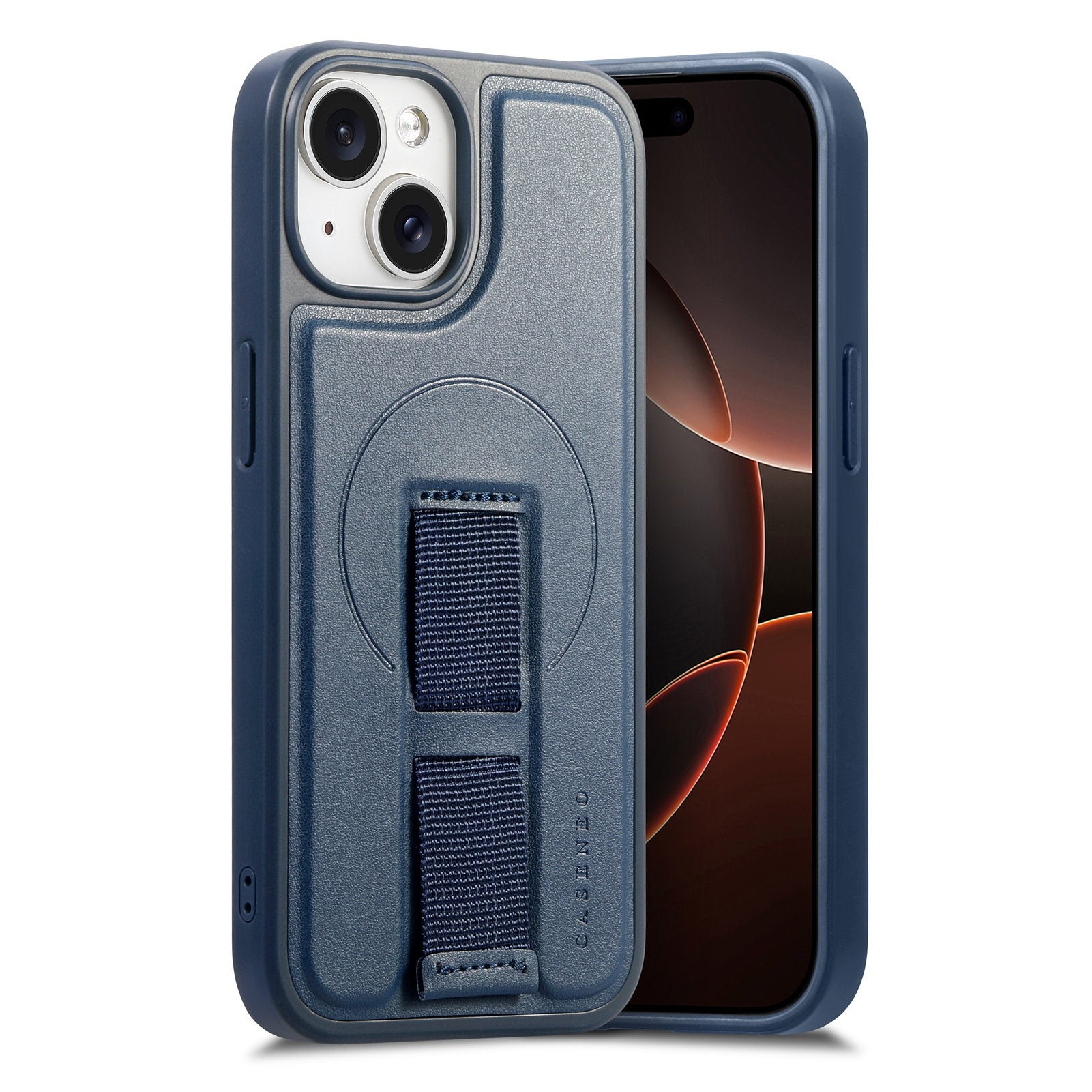 iPhone 14 / 13 Hard Plastic Case with Faux Leather Back & Finger Strap - MagSafe Compatible - Blue