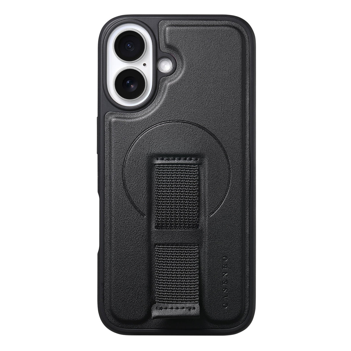 iPhone 16 Hard Plastic Case with Faux Leather Back & Finger Strap - MagSafe Compatible - Black