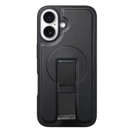 iPhone 16 Hard Plastic Case with Faux Leather Back & Finger Strap - MagSafe Compatible - Black