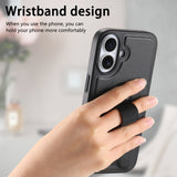 iPhone 16 Hard Plastic Case with Faux Leather Back & Finger Strap - MagSafe Compatible - Black