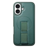 iPhone 16 Hard Plastic Case with Faux Leather Back & Finger Strap - MagSafe Compatible - Green