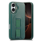 iPhone 16 Hard Plastic Case with Faux Leather Back & Finger Strap - MagSafe Compatible - Green