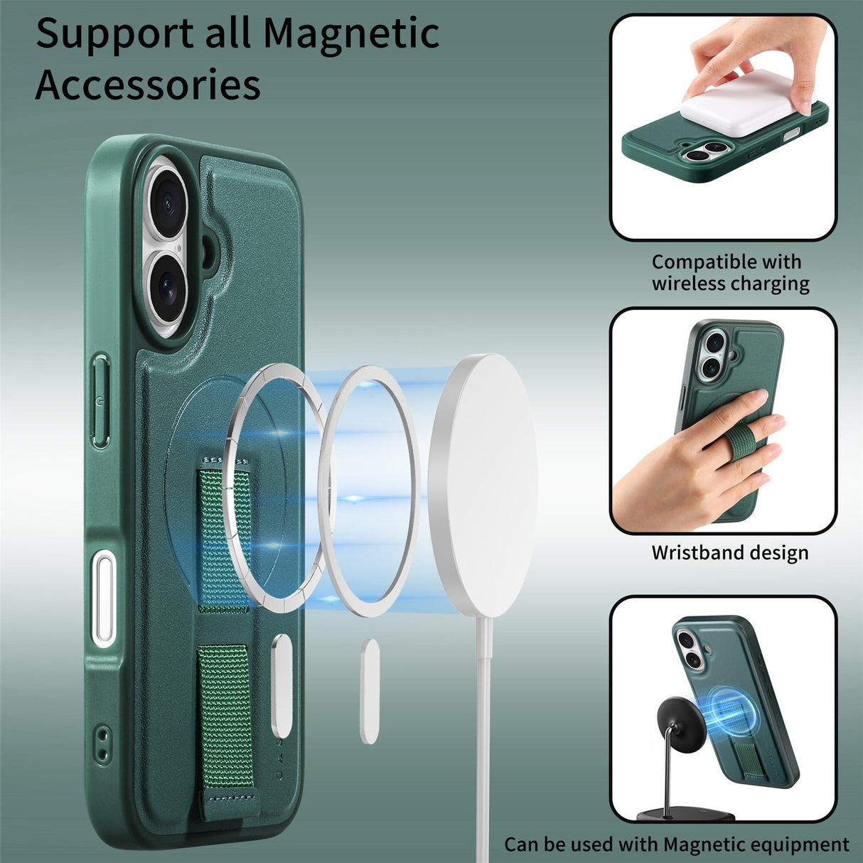 iPhone 16 Hard Plastic Case with Faux Leather Back & Finger Strap - MagSafe Compatible - Green