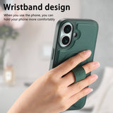 iPhone 16 Hard Plastic Case with Faux Leather Back & Finger Strap - MagSafe Compatible - Green