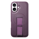 iPhone 16 Hard Plastic Case with Faux Leather Back & Finger Strap - MagSafe Compatible - Purple