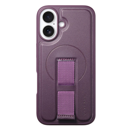 iPhone 16 Hard Plastic Case with Faux Leather Back & Finger Strap - MagSafe Compatible - Purple