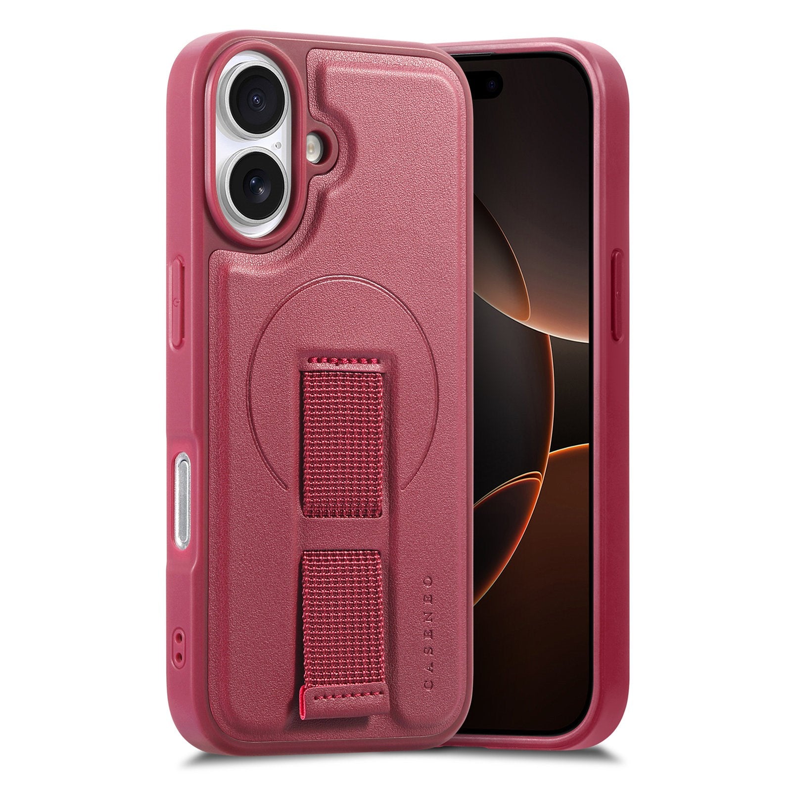 iPhone 16 Hard Plastic Case with Faux Leather Back & Finger Strap - MagSafe Compatible - Red