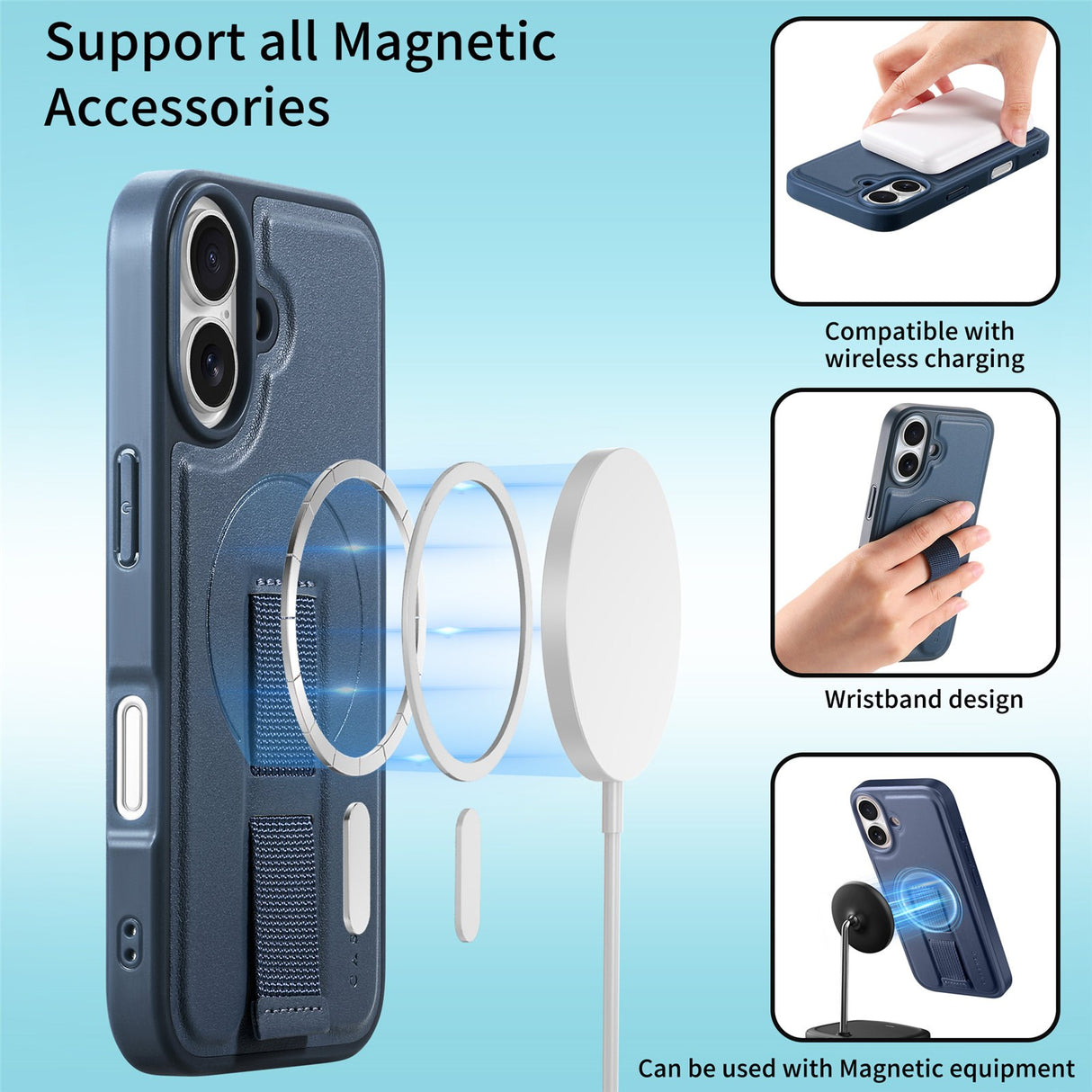 iPhone 16 Hard Plastic Case with Faux Leather Back & Finger Strap - MagSafe Compatible - Blue