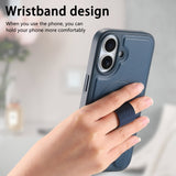 iPhone 16 Hard Plastic Case with Faux Leather Back & Finger Strap - MagSafe Compatible - Blue