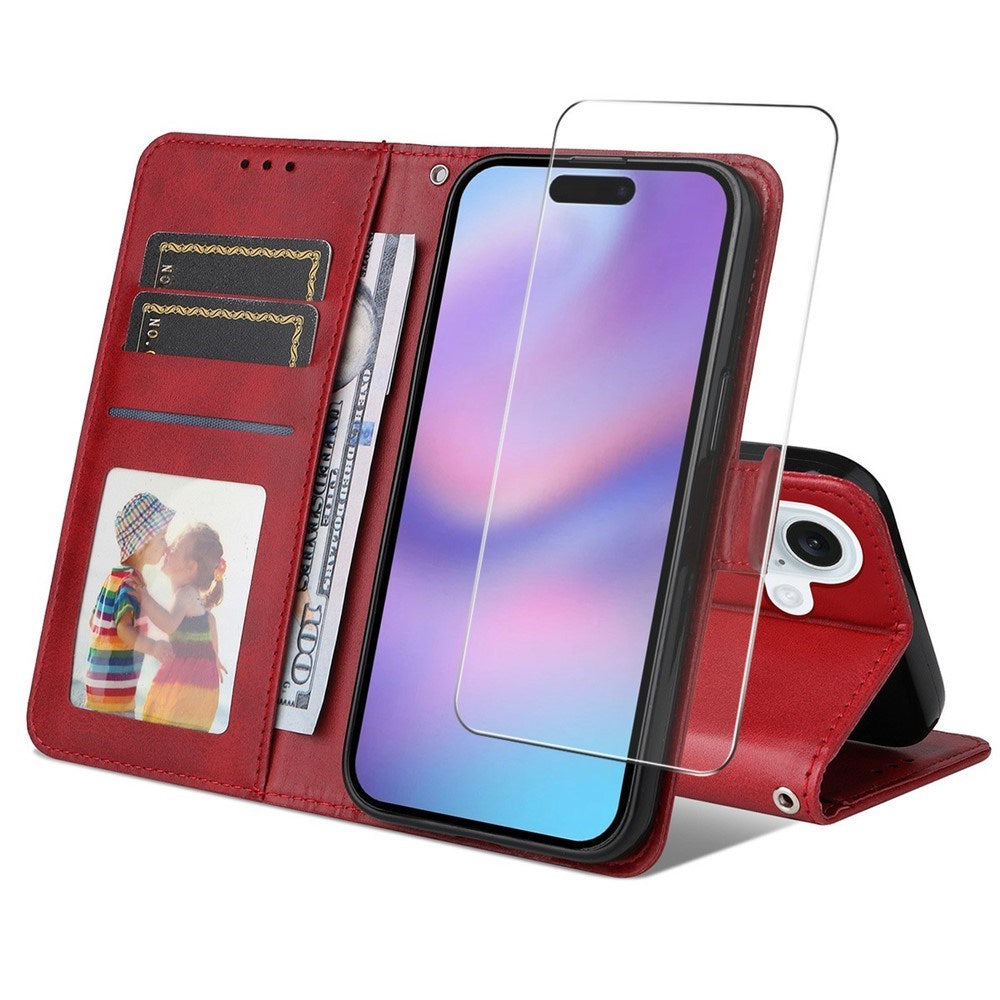 EIDERWOOD iPhone 17 2-in-1 Faux Leather Flip Case with Screen Protector Glass - Red