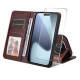 EIDERWOOD iPhone 17 Pro 2-in-1 Faux Leather Flip Case with Screen Protector Glass - Brown