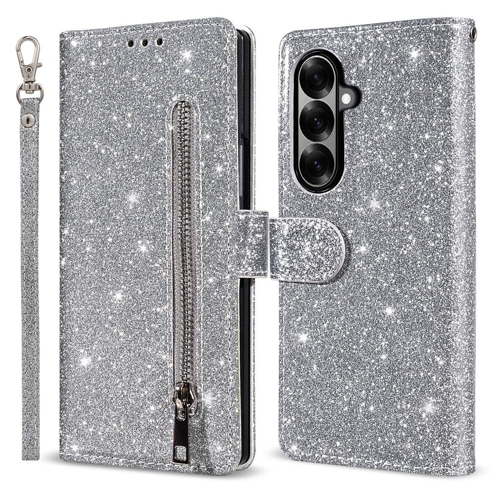 EIDERWOOD Samsung Galaxy Z Fold7 Glitter Flip Case with Wallet & Strap - Silver