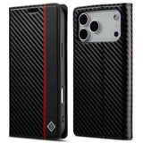 iPhone 18 Pro / 17 Pro LC.IMEEKE Artificial Leather Flip Case with Carbon Fiber - Black / Red Vertical Stripe