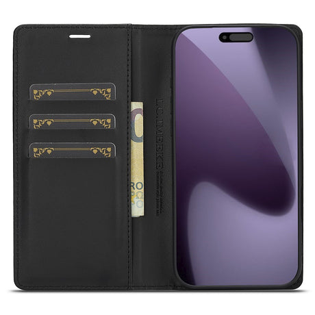 iPhone 18 Pro / 17 Pro LC.IMEEKE Artificial Leather Flip Case with Carbon Fiber - Black / Red Vertical Stripe