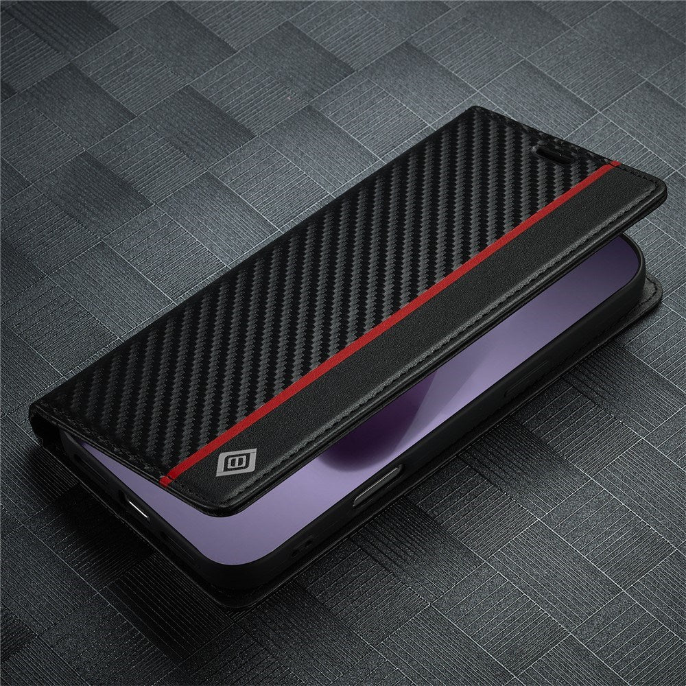 iPhone 18 Pro / 17 Pro LC.IMEEKE Artificial Leather Flip Case with Carbon Fiber - Black / Red Vertical Stripe
