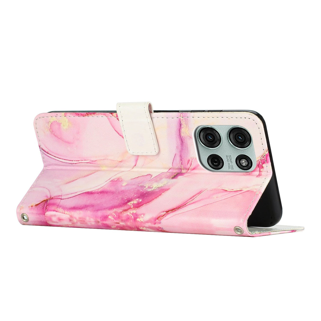 EIDERWOOD Motorola Moto G56 Marble Patterned Faux Leather Flip Case with Strap - Pink