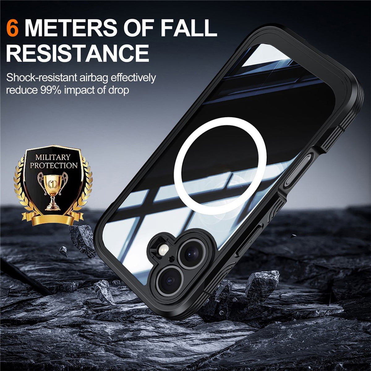 iPhone 17 Hybrid Plastic Case with Built-In Screen Protector - MagSafe Compatible - Transparent / Black