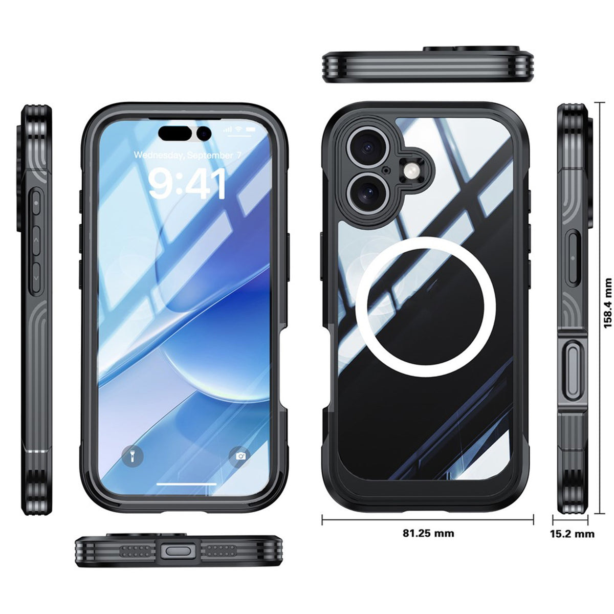 iPhone 17 Hybrid Plastic Case with Built-In Screen Protector - MagSafe Compatible - Transparent / Black