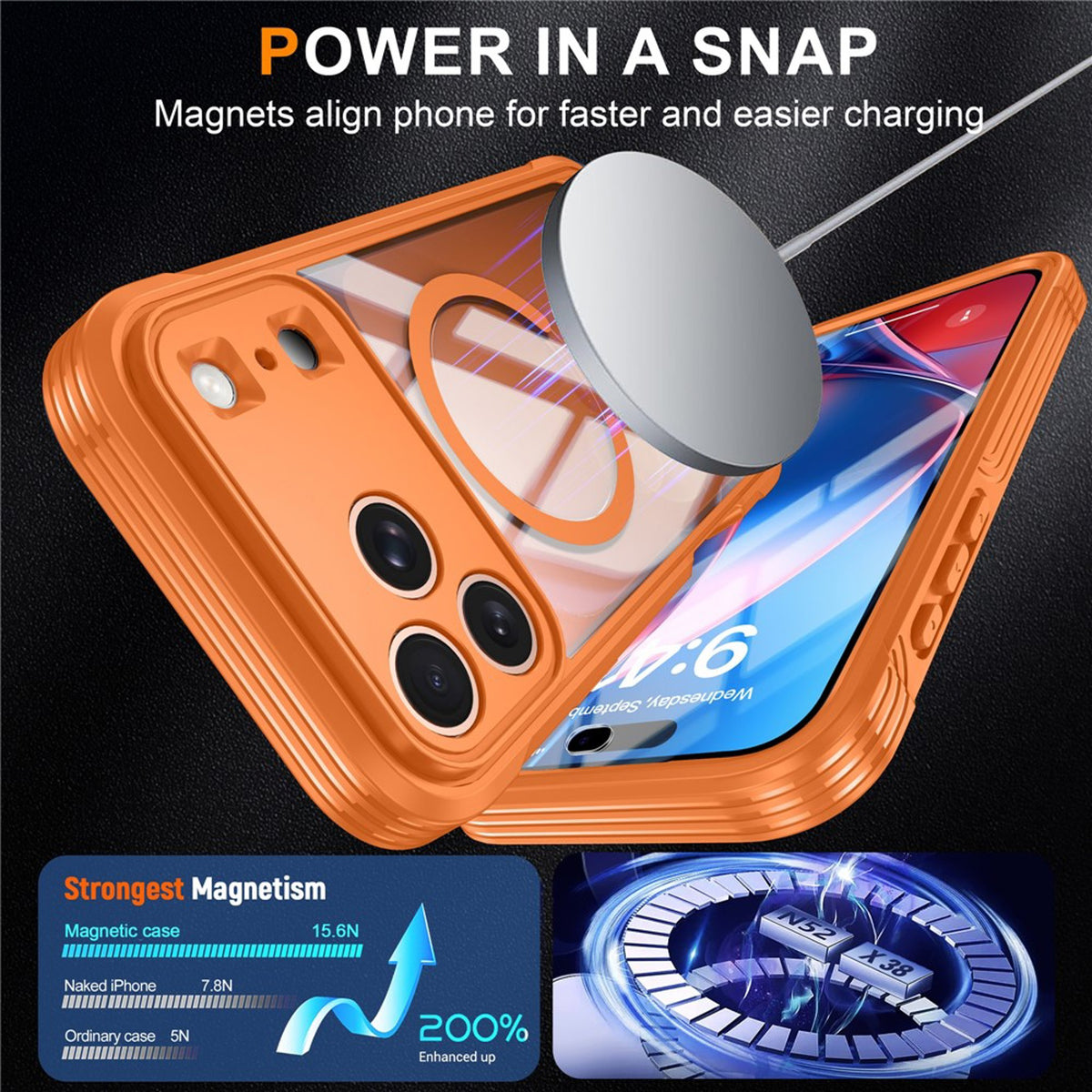 iPhone 18 Pro Max / 17 Pro Max Hybrid Plastic Case with Built-In Screen Protector - MagSafe Compatible - Transparent / Orange