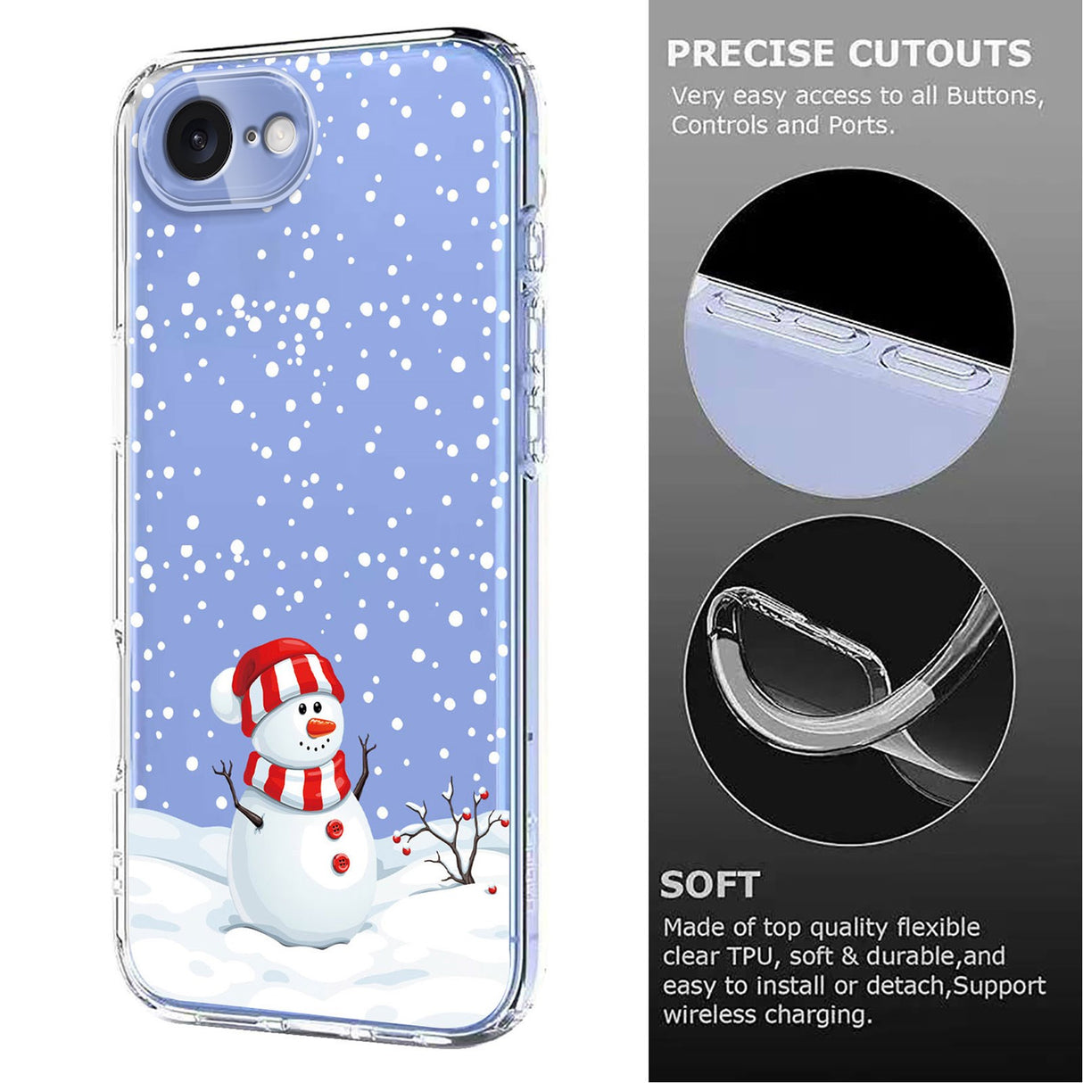 EIDERWOOD iPhone 16e Flexible Plastic Christmas Case with Motif - Transparent / Snowman