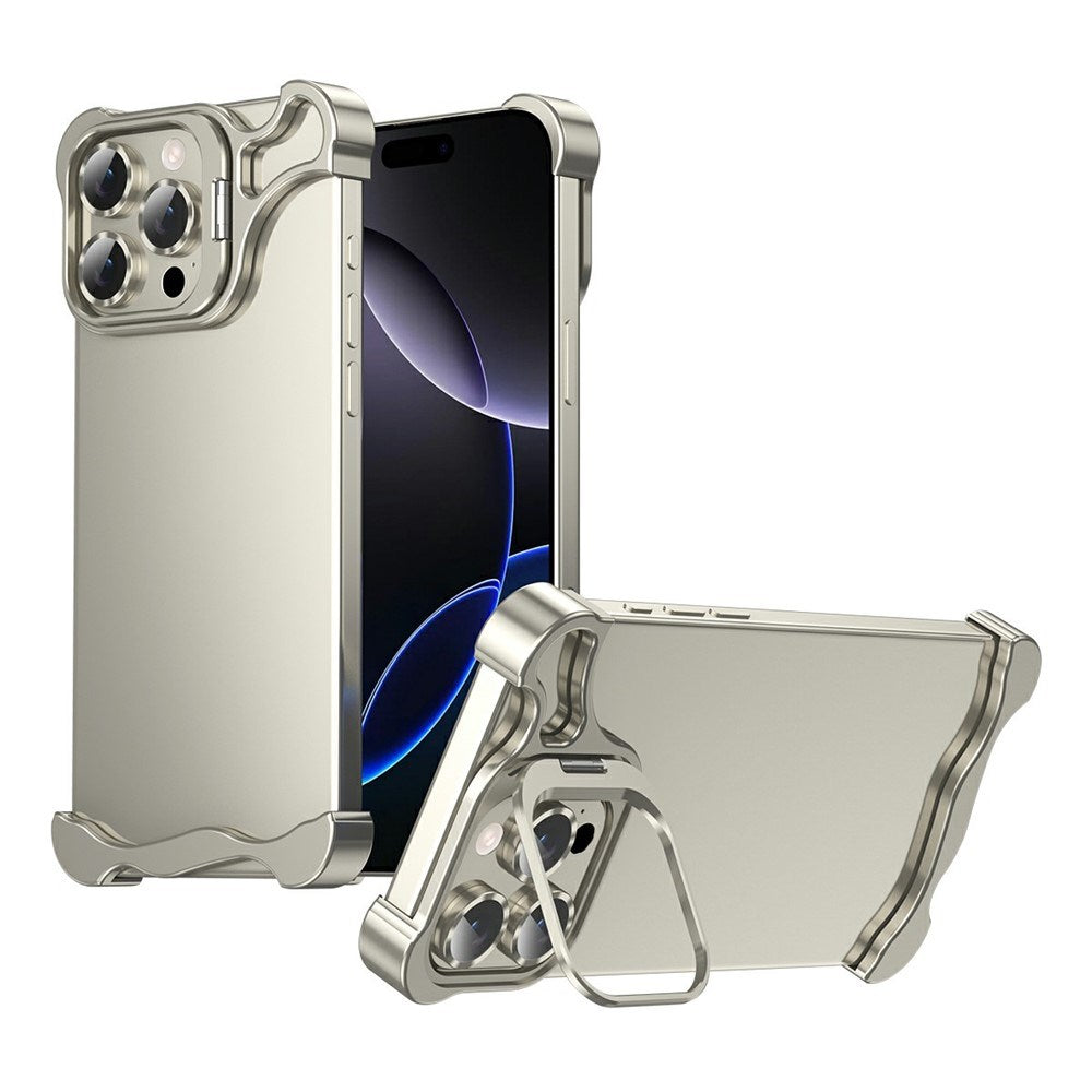 iPhone 16 Pro Two-Piece Metal Bumper Case with Stand & Lens Protector - Titanium