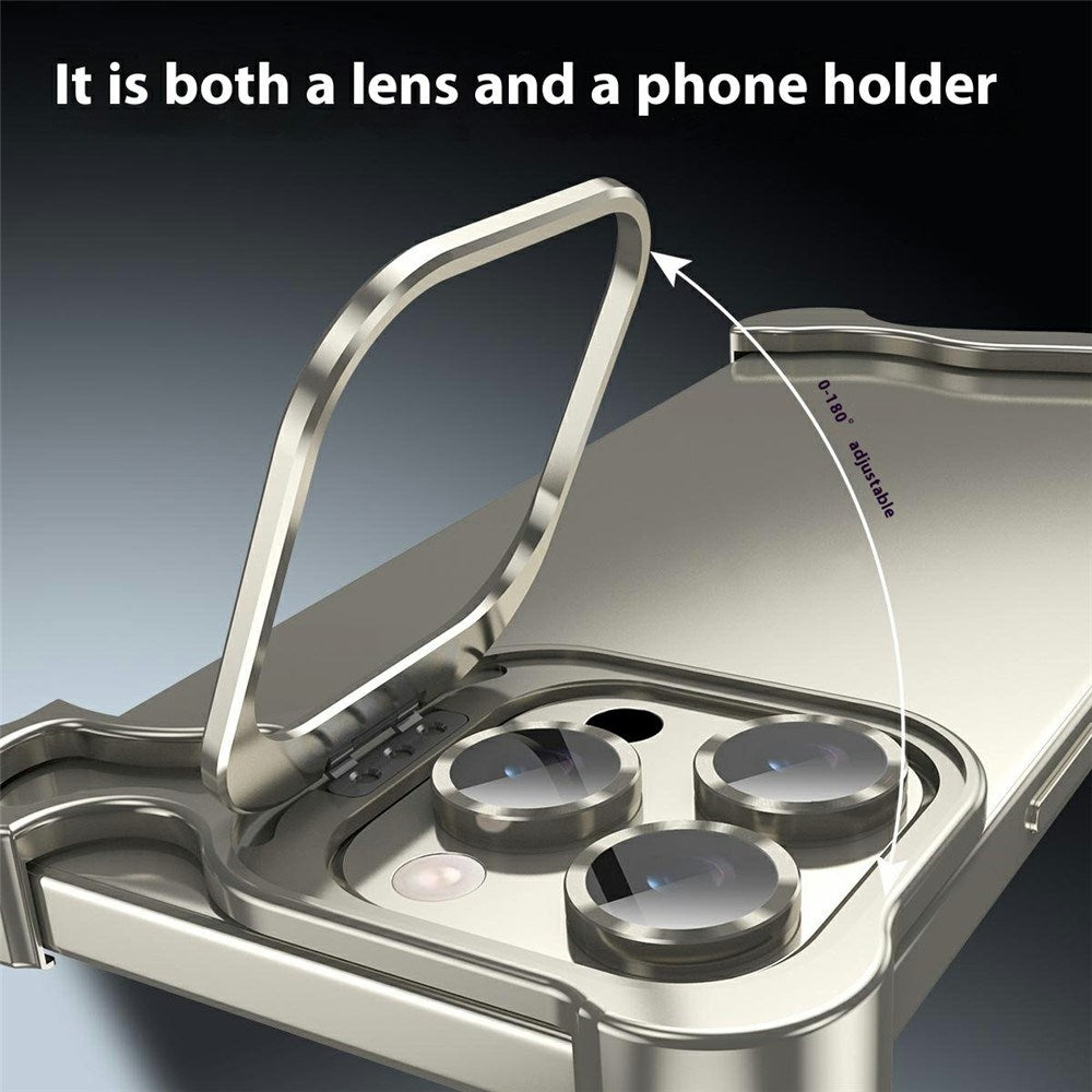 iPhone 16 Pro Two-Piece Metal Bumper Case with Stand & Lens Protector - Titanium