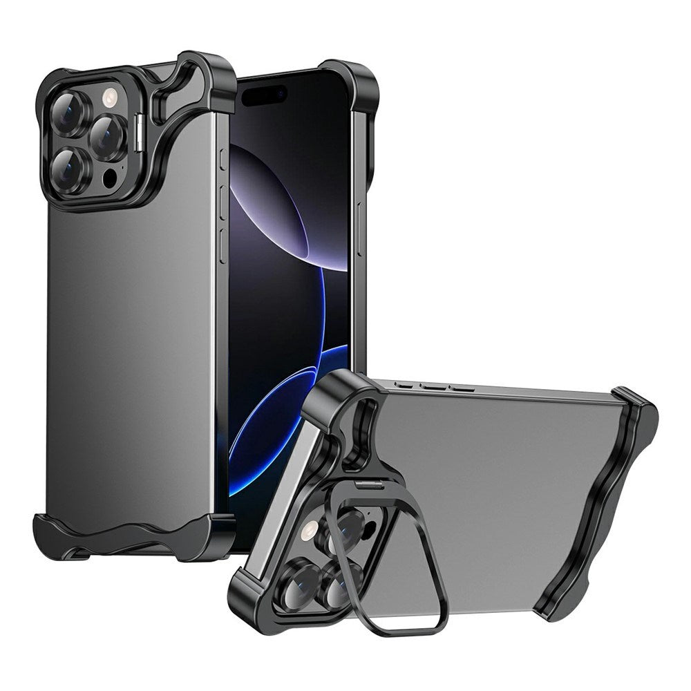 iPhone 16 Pro Two-Piece Metal Bumper Case with Stand & Lens Protector - Black
