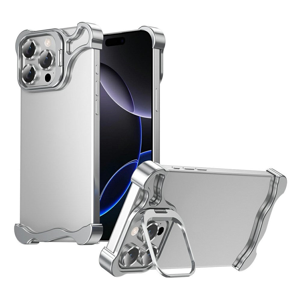 iPhone 16 Pro Two-Piece Metal Bumper Case with Stand & Lens Protector - Silver